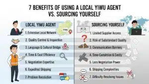 Infographic comparing benefits of using a local Yiwu agent versus sourcing yourself, highlighting advantages like network, quality control, and efficiency.