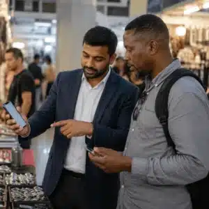 Hyper-realistic candid photography, a professional Yiwu sourcing agent in a smart casual suit standing next to a buyer at a busy market booth, agent pointing to a product while showing a smartphone screen with order details, warm ambient lighting, depth of field with other booths out of focus, no text, no brand logo, shot on Fujifilm GFX100, 45mm, f/5.6