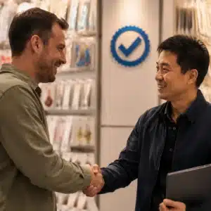 Hyper-realistic photography, close-up of a handshake between a Western buyer and a Chinese supplier in a Yiwu stall, background blurred with hanging products and a 'Verified Supplier' badge on a wall, warm studio light, no text, no brand logo