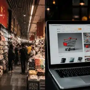 Hyper-realistic split composition, left side: crowded Yiwu market aisle with stacked products and Chinese signage, right side: laptop screen displaying Alibaba supplier page with shopping cart icon, dramatic lighting, high contrast, no text, no brand logo