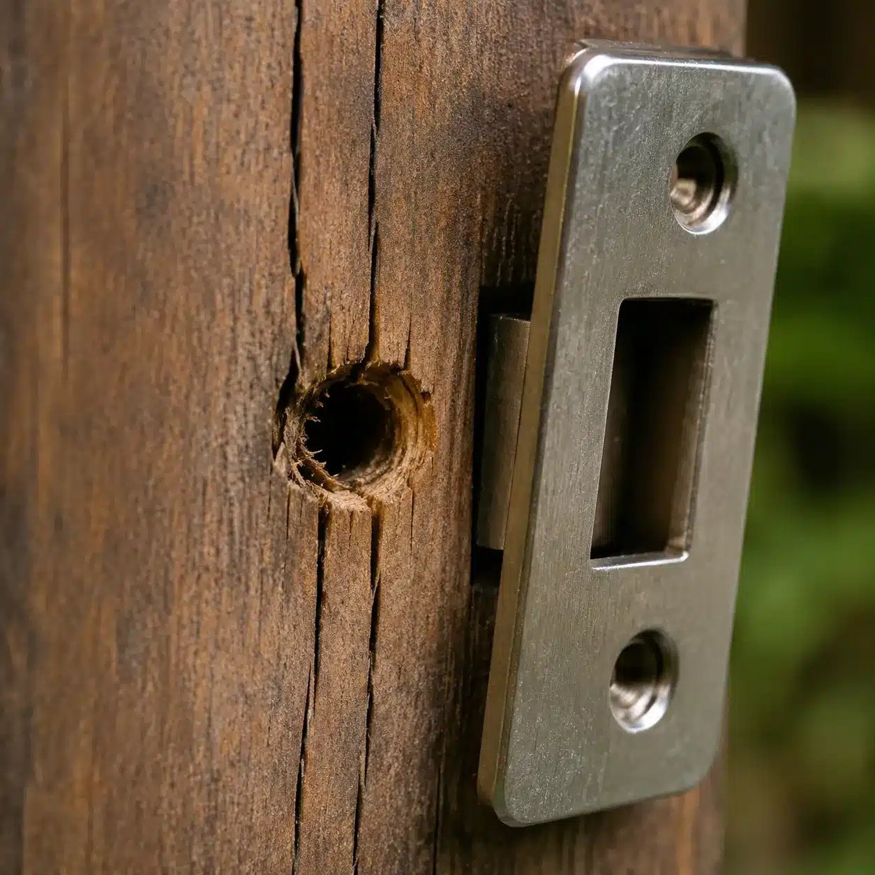 Ipe wood gate post with hairline cracks from screws driven without pilot holes