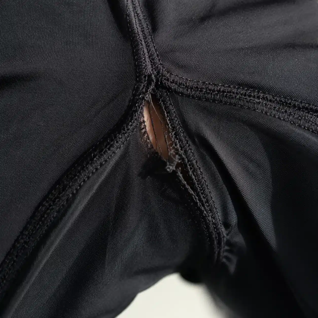 Macro close-up of a split seam on black fabric showing thread failure under stress