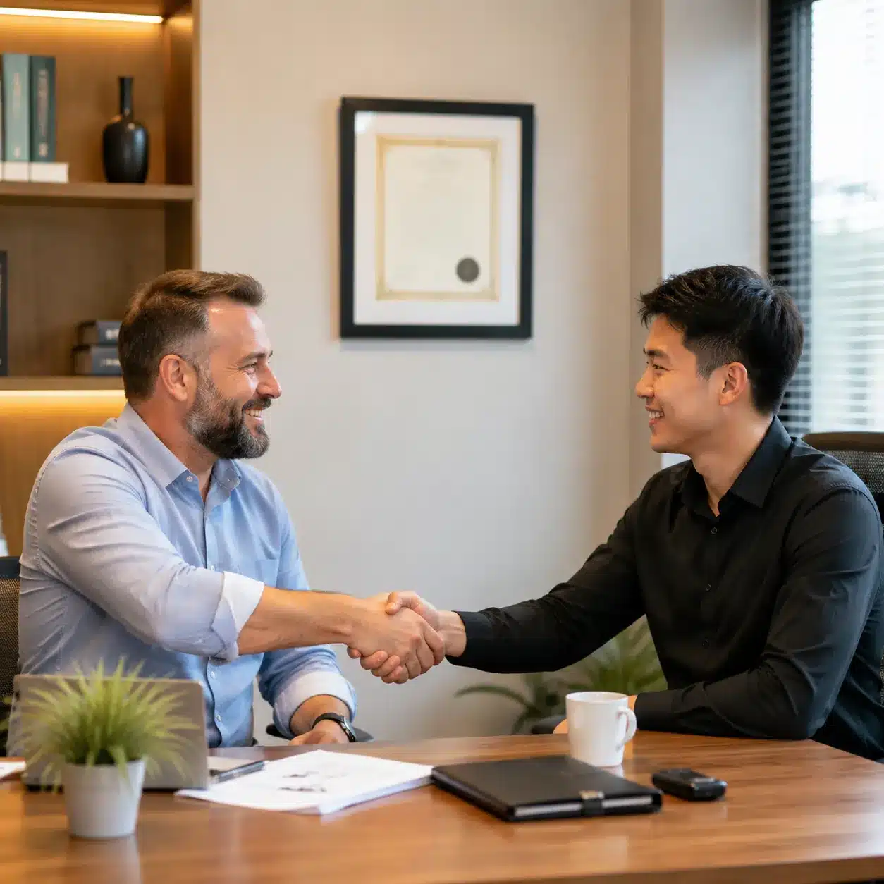 Hyper-realistic photography, a confident handshake between a foreign buyer and a verified Yiwu agent in a clean office, a framed certificate of authenticity on the wall behind them, warm lighting, trustworthy atmosphere, no text, no brand logo