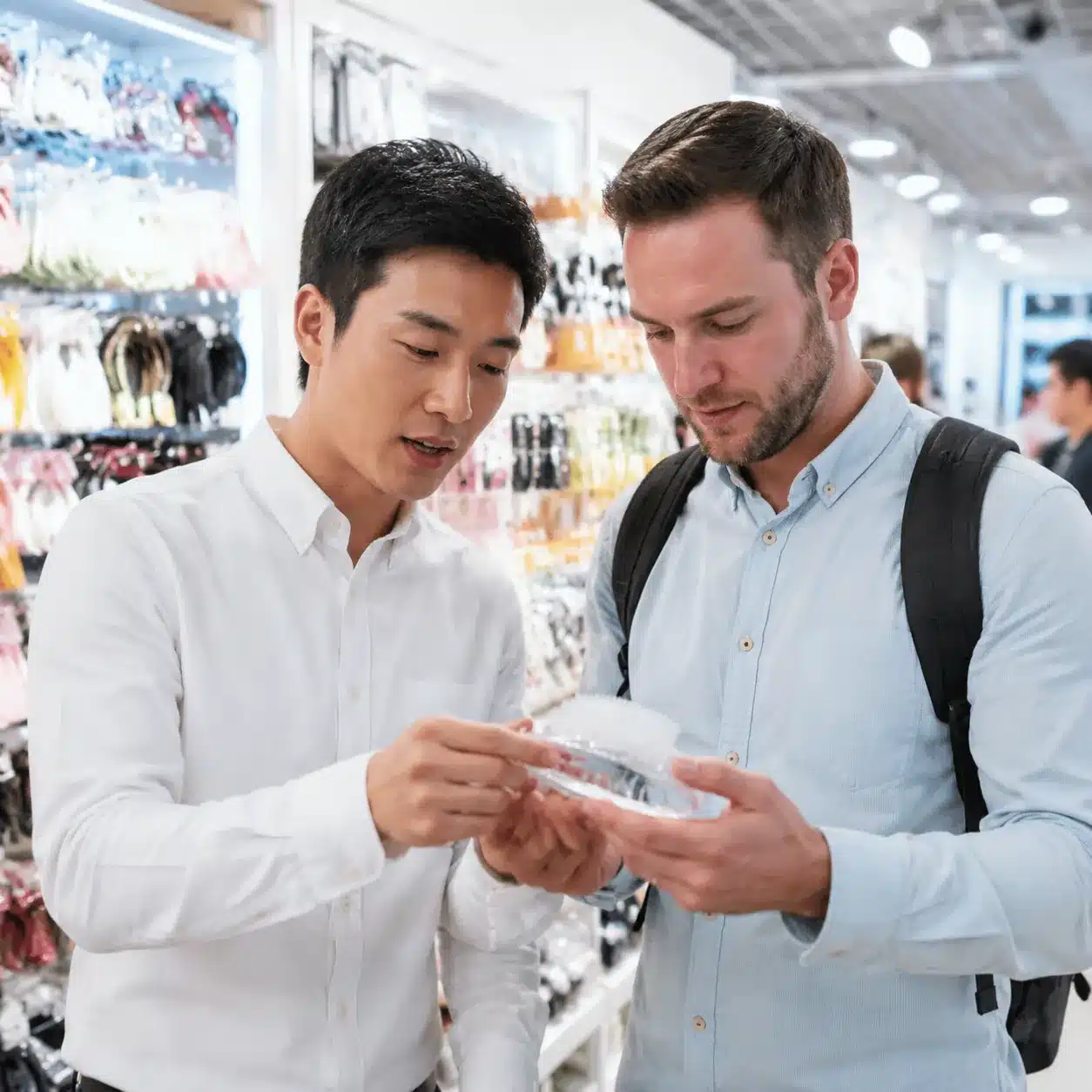 Hyper-realistic photography, a professional Yiwu sourcing agent standing beside a foreign buyer in the bustling Yiwu International Trade City, both examining a sample product, bright overhead market lighting, clean composition, no text, no brand logo