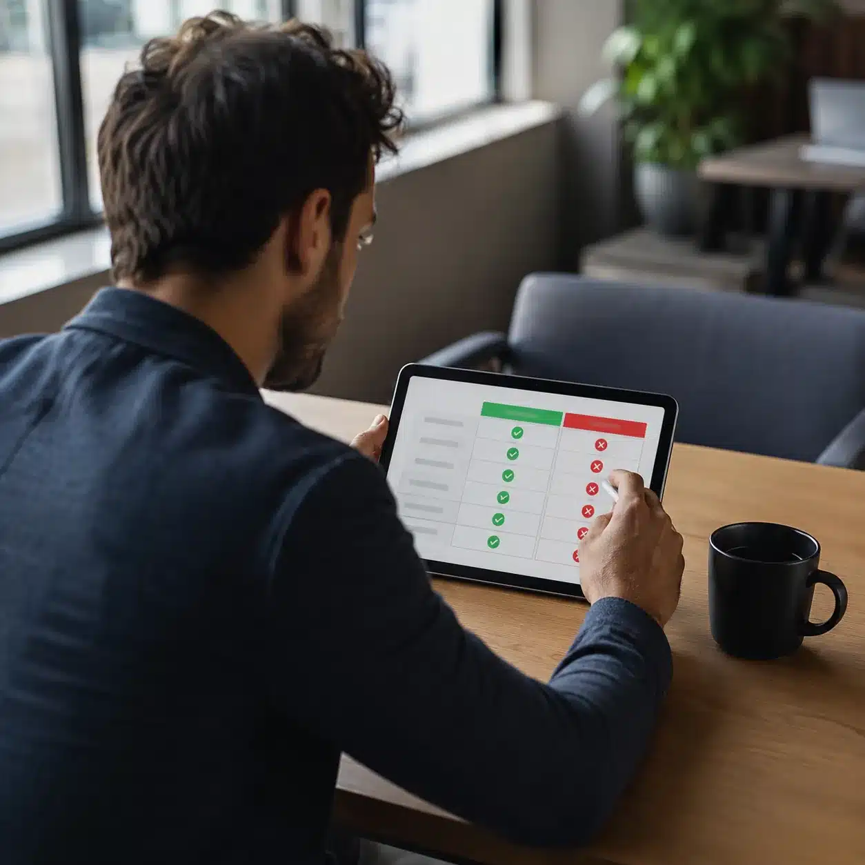 Hyper-realistic product photography, a brand founder looking at a comparison chart of verified vs. fake suppliers on a tablet, coffee cup beside, modern office interior, soft key light, shallow depth of field, no text, no brand logo