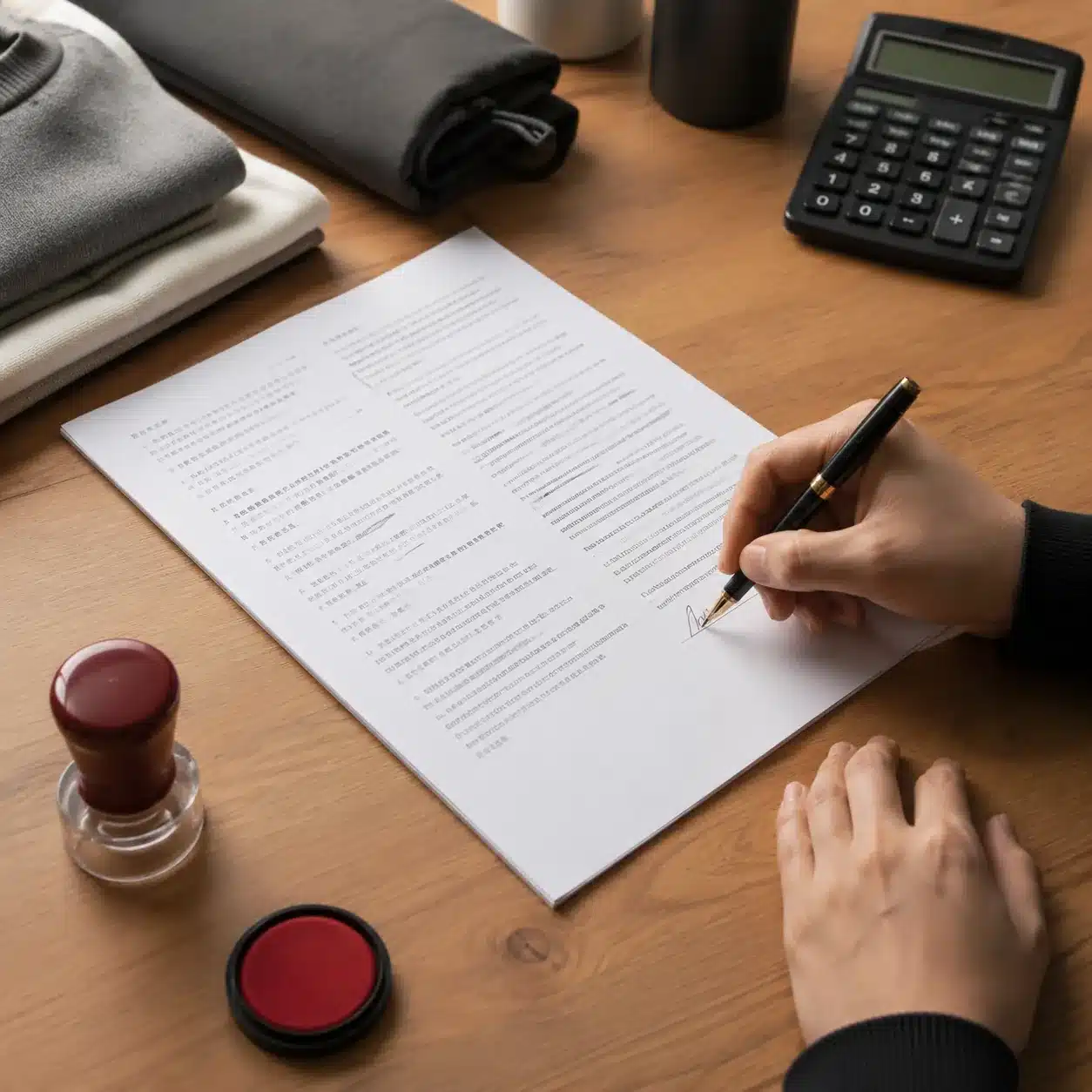 Hyper-realistic product photography, a brand founder's hand signing a dual-language Yiwu import contract on a wooden desk, a red Chinese company chop (seal) next to the document, product samples and a calculator in the background, soft studio lighting, clean minimalist composition, no text, no brand logo