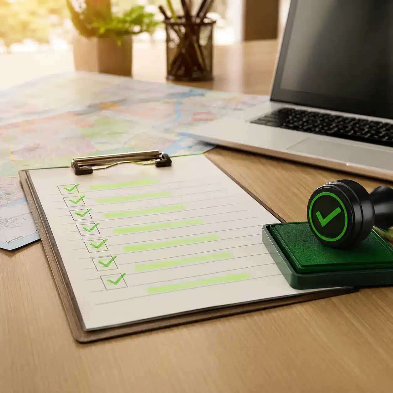 Hyper-realistic product photography, a checklist on a clipboard with highlighter marks next to a verified stamp, desk with a laptop and Yiwu market map in soft focus, warm ambient light, clean corporate style, no text, no brand logo