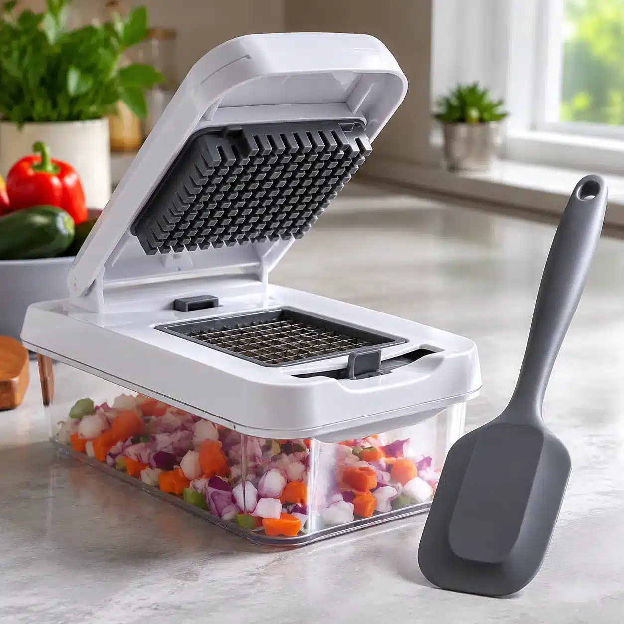 Hyper-realistic product photography, a close-up of a silicone spatula and a vegetable chopper on a modern kitchen counter, natural daylight from a window, sharp focus on textured silicone and plastic, clean commercial style, no text, no brand logo