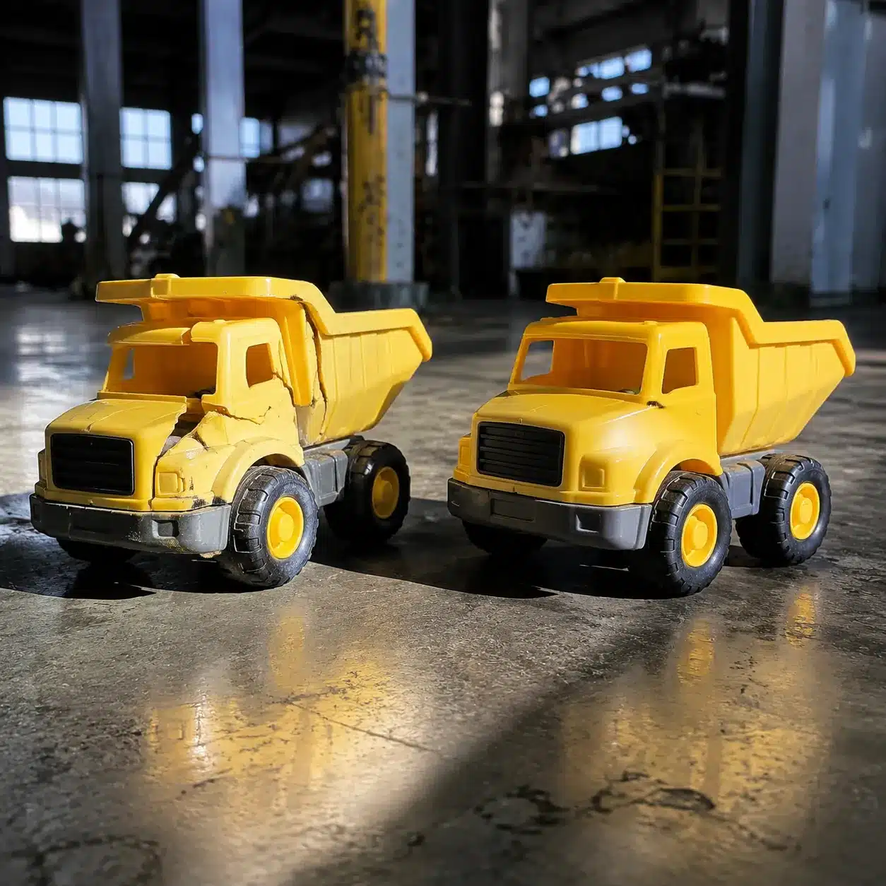 Hyper-realistic product photography, a cracked plastic toy with visible defects lying on a factory floor next to a pristine identical toy, dramatic side lighting casting long shadows, gritty industrial background, no text, no brand logo