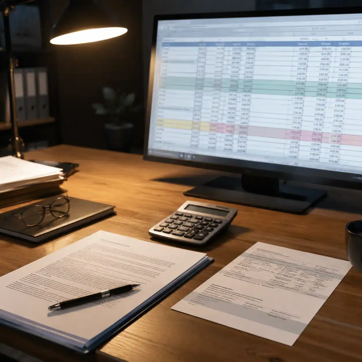 Hyper-realistic product photography, a desk with a payment contract, a calculator, a bank wire transfer receipt, and a computer screen showing a payment term comparison spreadsheet, soft warm light from desk lamp, clean composition, no text, no brand logo