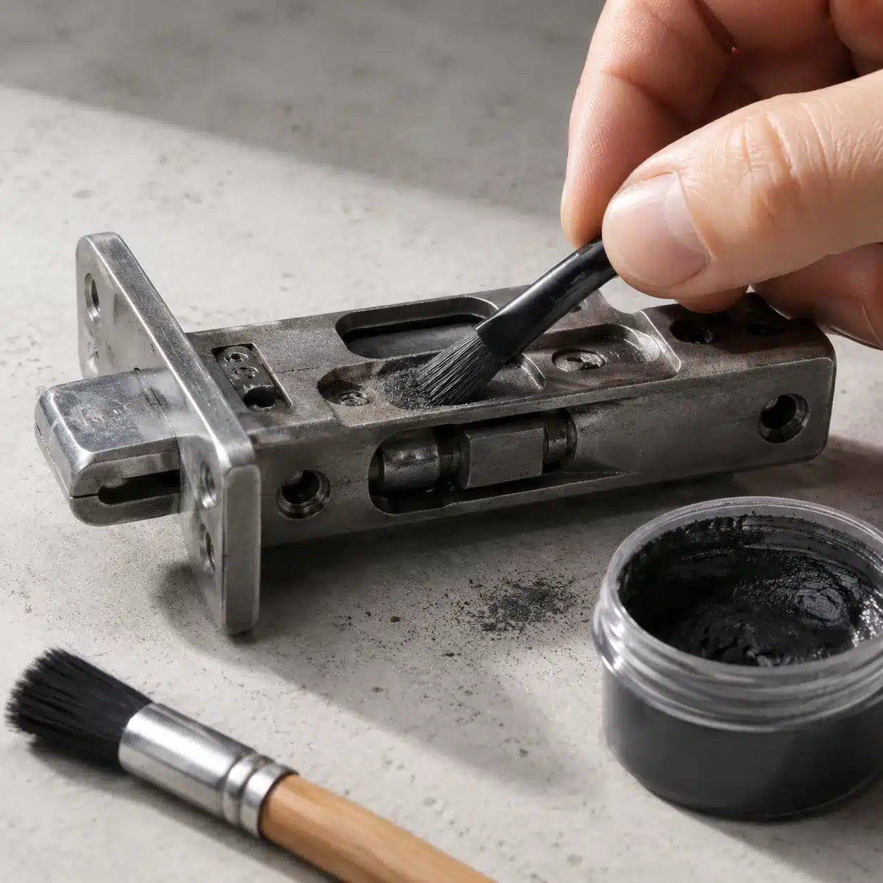 Hand applying dry film lubricant to a gate latch spring and bolt instead of penetrating oil