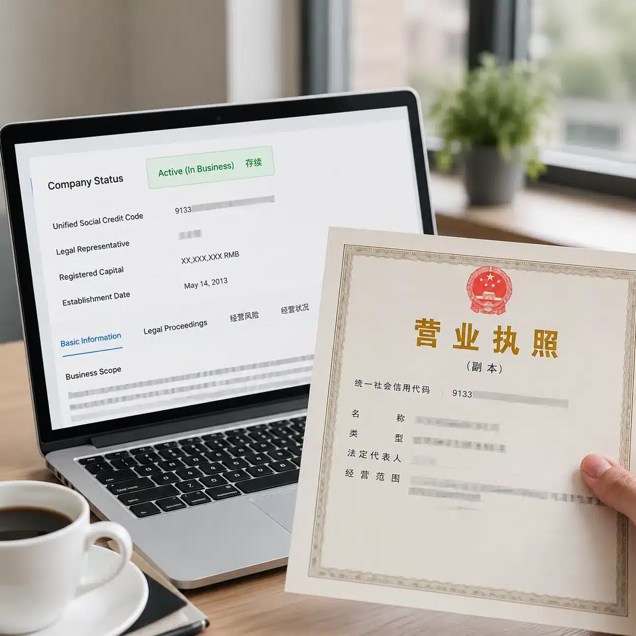 Hyper-realistic product photography, a laptop screen showing Tianyancha company status page with 'Active' and '' highlighted, a hand holding a Chinese business license with Unified Social Credit Code, desk with coffee cup, natural window light, clean composition, no text, no brand logo