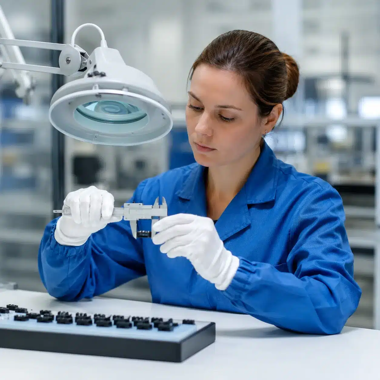 Hyper-realistic product photography, a professional inspector in a blue coat using a caliper to measure a small electronic component on a clean inspection table, with a magnifying lamp overhead, soft diffused lighting, sterile warehouse environment, no text, no brand logo