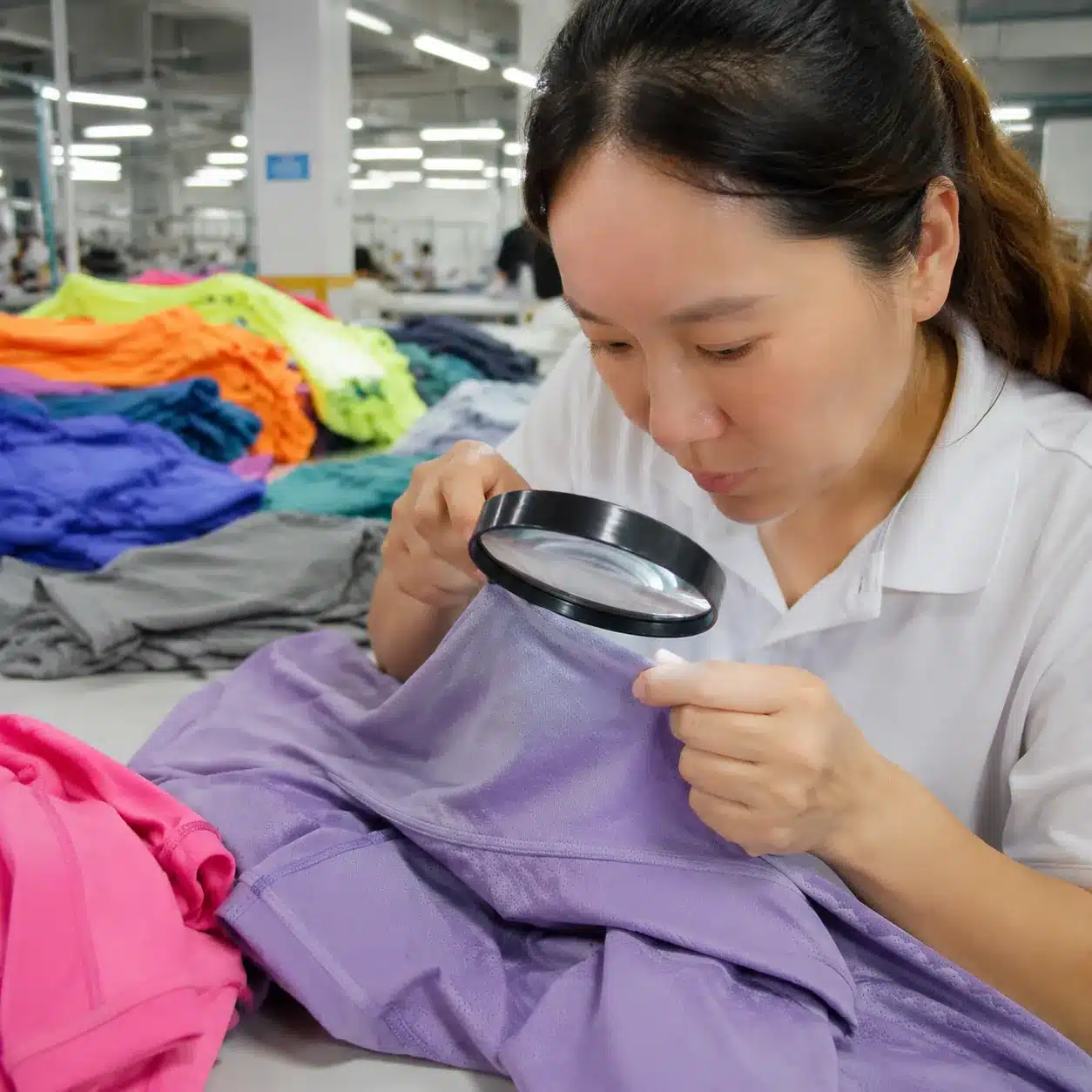 A professional quality control inspector examining a product during pre-shipment inspection