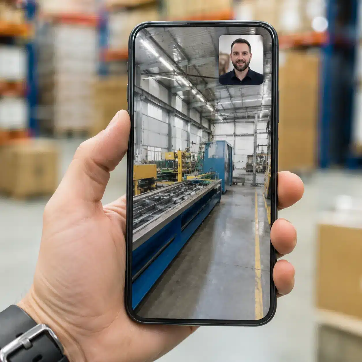 Hyper-realistic product photography, a smartphone held by a person showing a live video call with a factory floor in view, background has blurred warehouse shelves, bright daylight, hyperdetailed screen reflections, no text, no brand logo