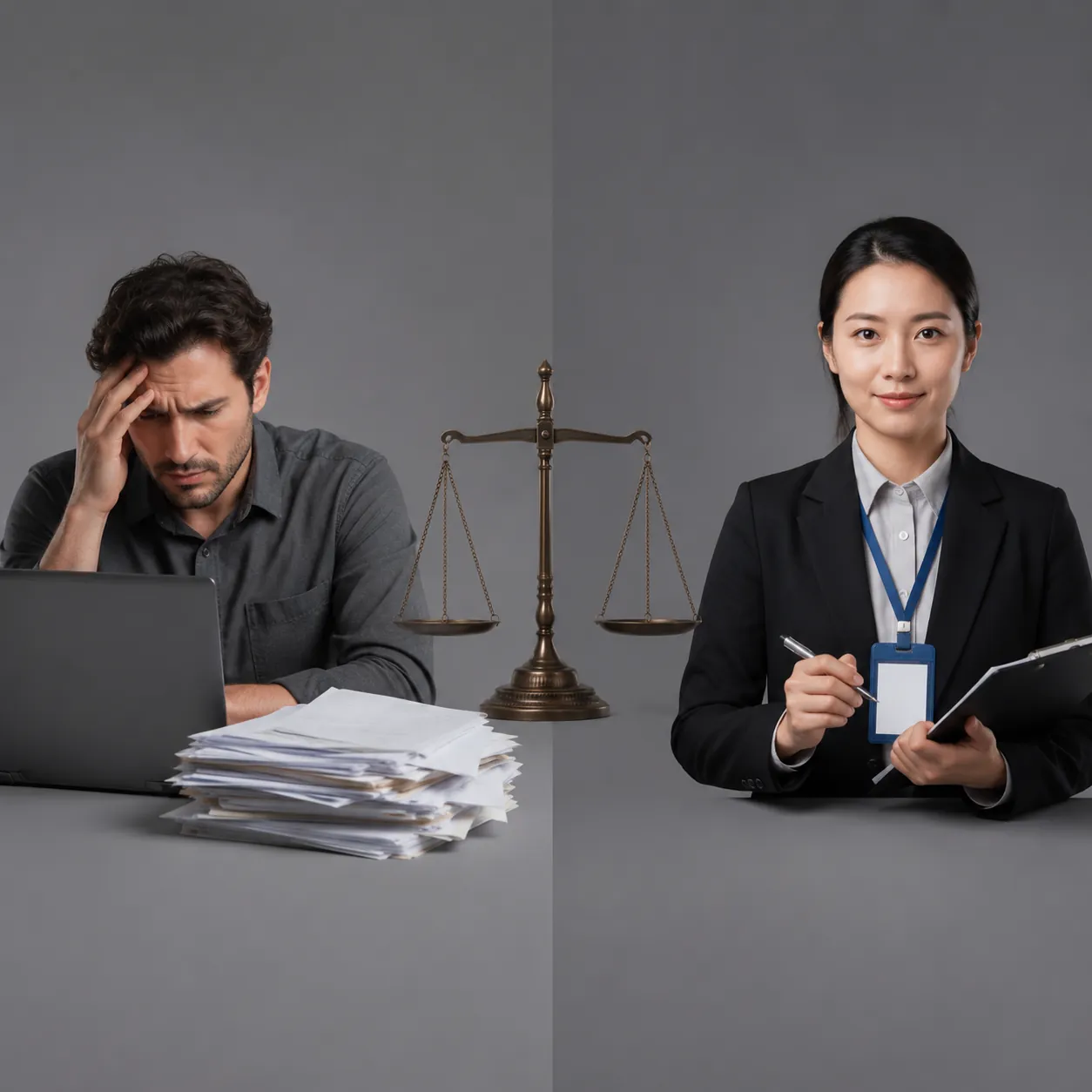 Hyper-realistic product photography, a split composition showing on one side a person alone with a laptop and a pile of papers (DIY), on the other side a professional agent with a clipboard and factory badge, a balance scale icon in the center, neutral grey background, soft diffused lighting, clean composition, no text, no brand logo