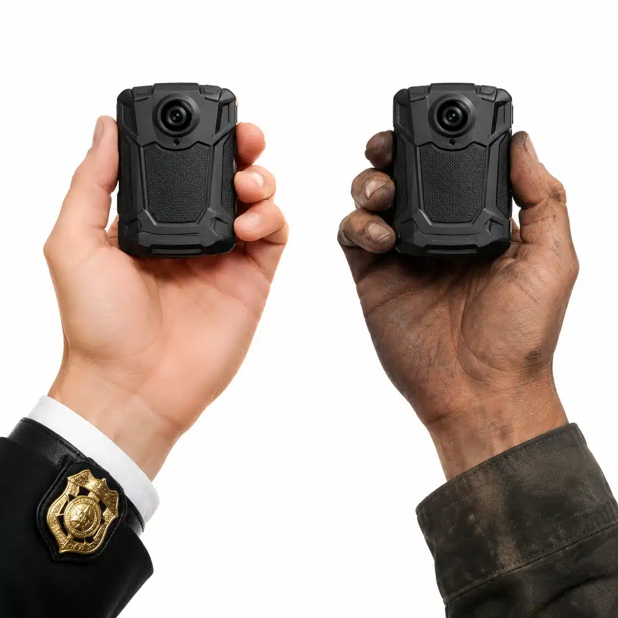 Hyper-realistic product photography, a split visual comparison of two hands holding identical electronic gadgets, one hand is polished and professional with a subtle agent badge on the wrist, the other hand is rough and factory-worn, dramatic studio lighting, clean white background, no text, no brand logo