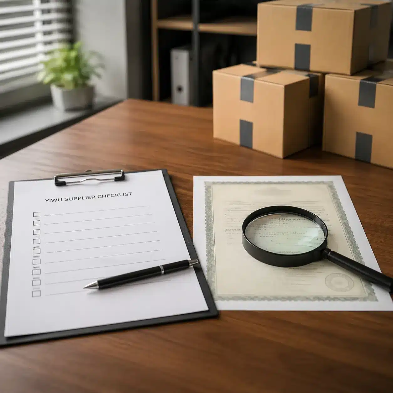 Hyper-realistic product photography, a wooden desk with a Yiwu supplier checklist clipboard, a magnifying glass inspecting a business license document, a stack of Amazon FBA boxes in the background, soft studio lighting, clean composition, no text, no brand logo