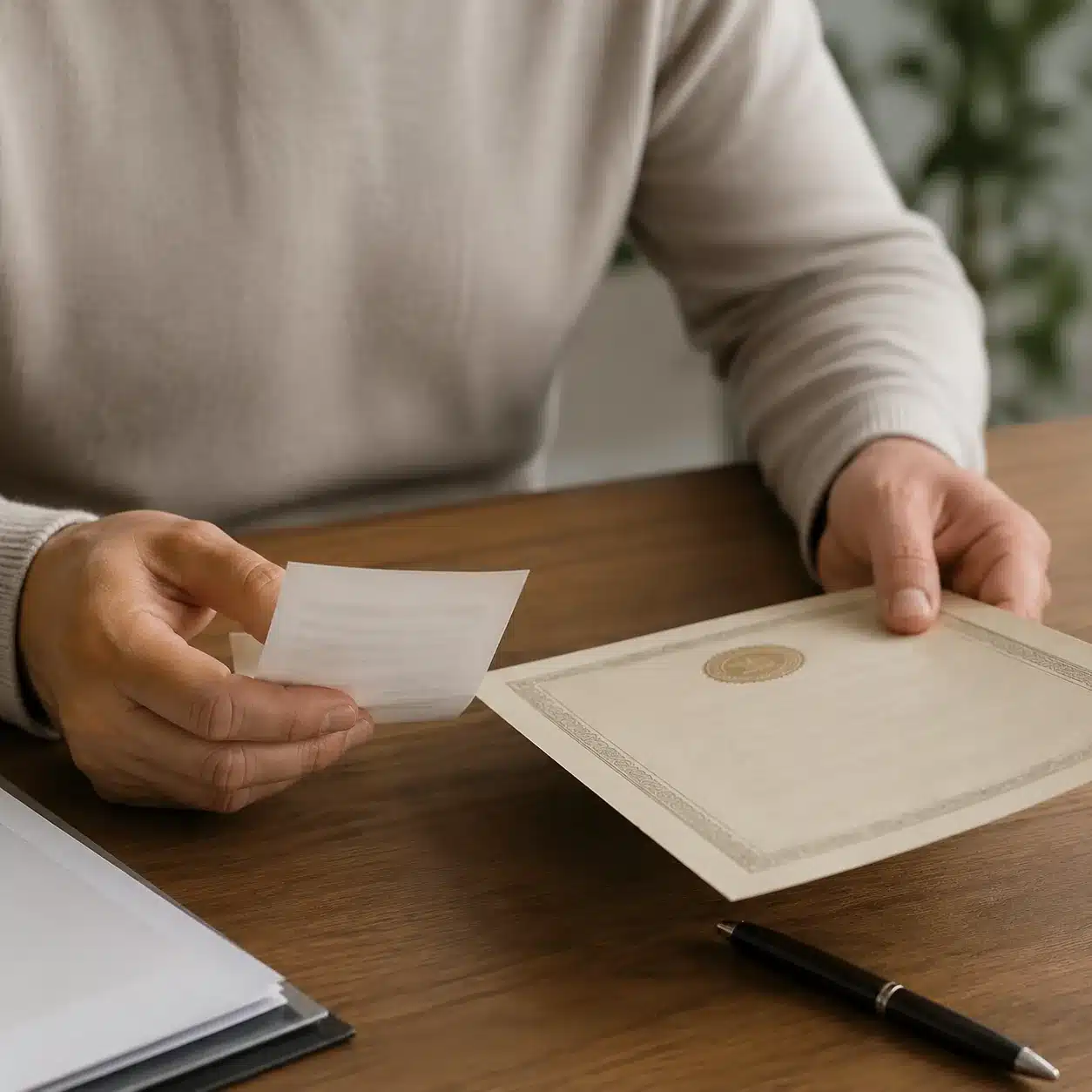 Hyper-realistic product photography, close-up of a brand founders hands comparing a deposit receipt with a factory certificate on a wooden desk, soft natural lighting, bokeh background, detailed textures, no text, no brand logo