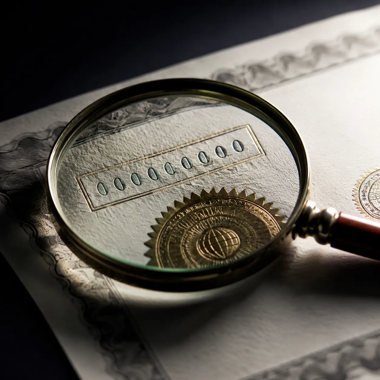 Hyper-realistic product photography, close-up of a magnifying glass over a business license number and company seal, paper texture visible, dark background with rim light, high contrast, no text, no brand logo