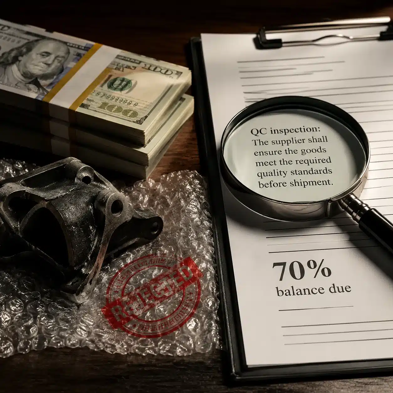 Hyper-realistic product photography, close-up of a stack of US dollar bills and a rejected defective product with a red rejection stamp, a contract page showing '70% balance due' with a magnifying glass highlighting a clause about QC inspection, dramatic shadows, high contrast, no text, no brand logo