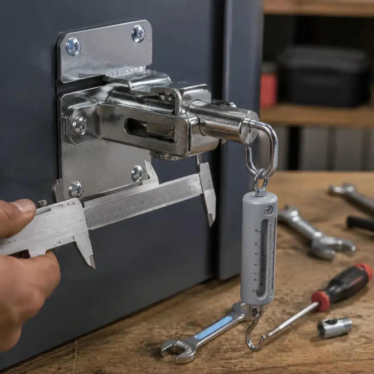 Hyper-realistic product photography, close-up of a ZGYW latch on a steel door, a caliper measuring the bolt throw, a spring scale hook on the bolt tip, tools arranged on a wooden workbench, soft studio lighting, shallow depth of field, clean composition, no text, no brand logo