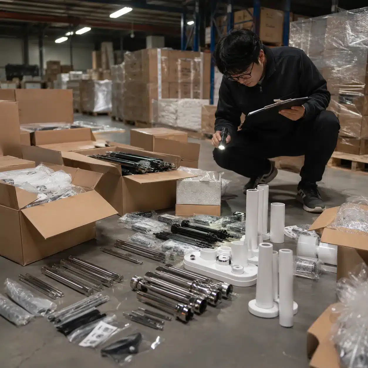 Pre-shipment inspection in progress, with export cartons opened and goods laid out on a warehouse floor for checking