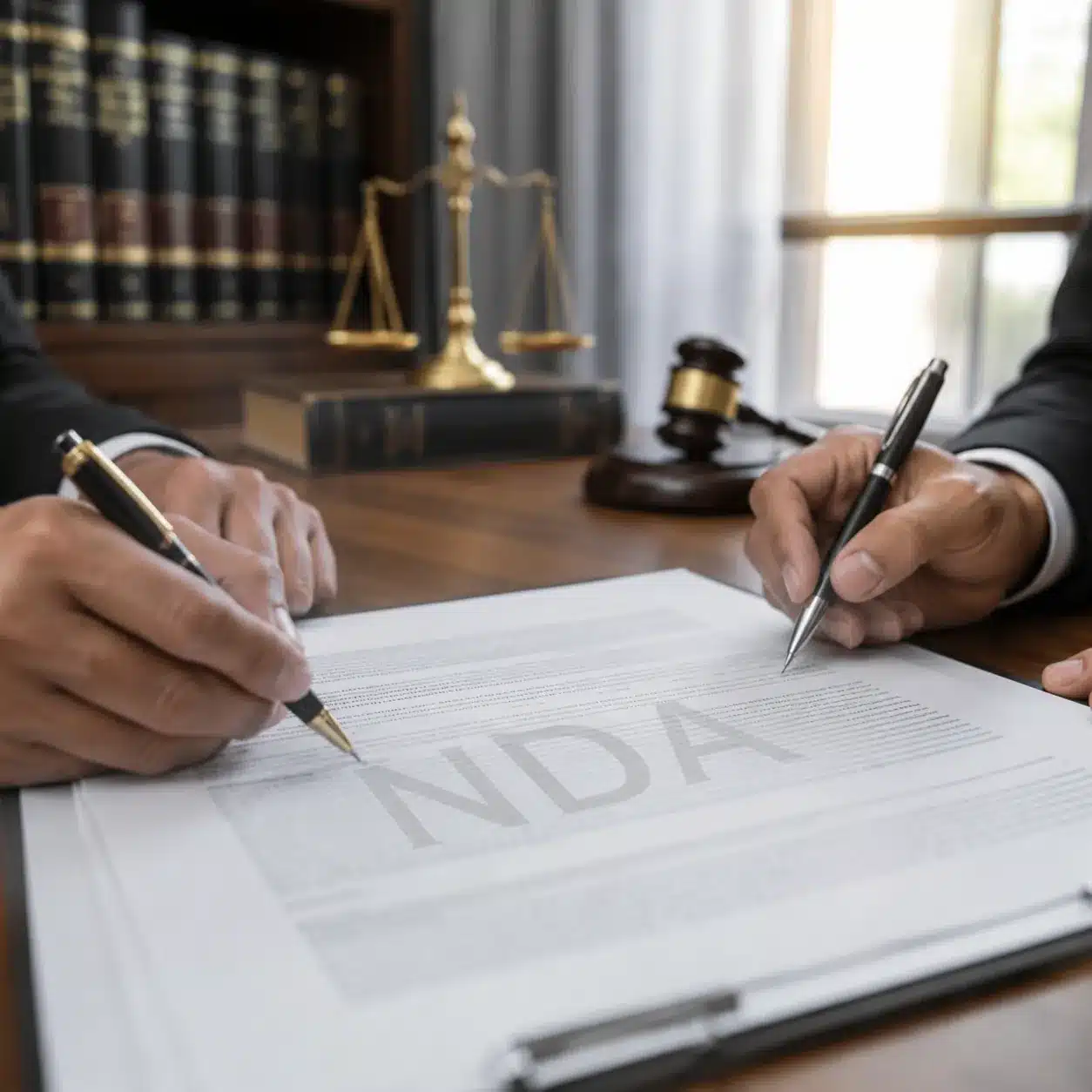 Hyper-realistic product photography, two business hands signing a legal document with an NDA watermark visible, pen in hand, lawyers office background with law books, soft window light, professional atmosphere, no text, no brand logo
