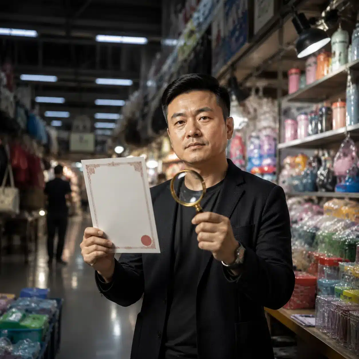 Hyper-realistic product photography, wide angle shot of a Yiwu market stall with a brand founder holding an official document and a magnifying glass, dramatic side lighting, shallow depth of field, clean composition, no text, no brand logo