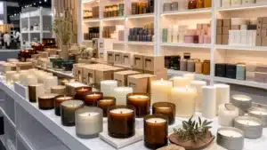 scented soy candles in glass jars on display at a Chinese wholesale market booth