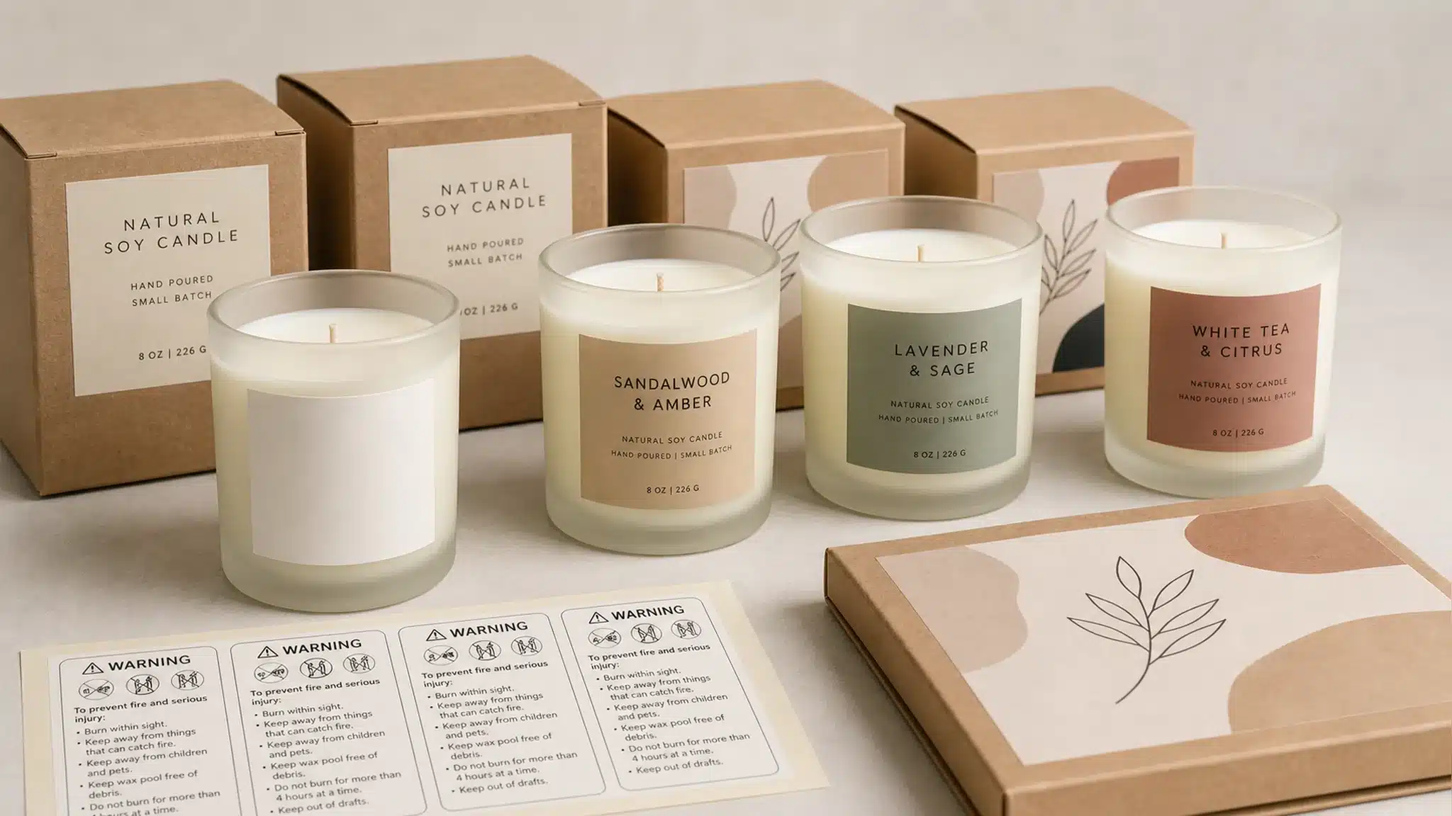 Private-label soy candles with custom kraft labels and matching gift boxes ready for export