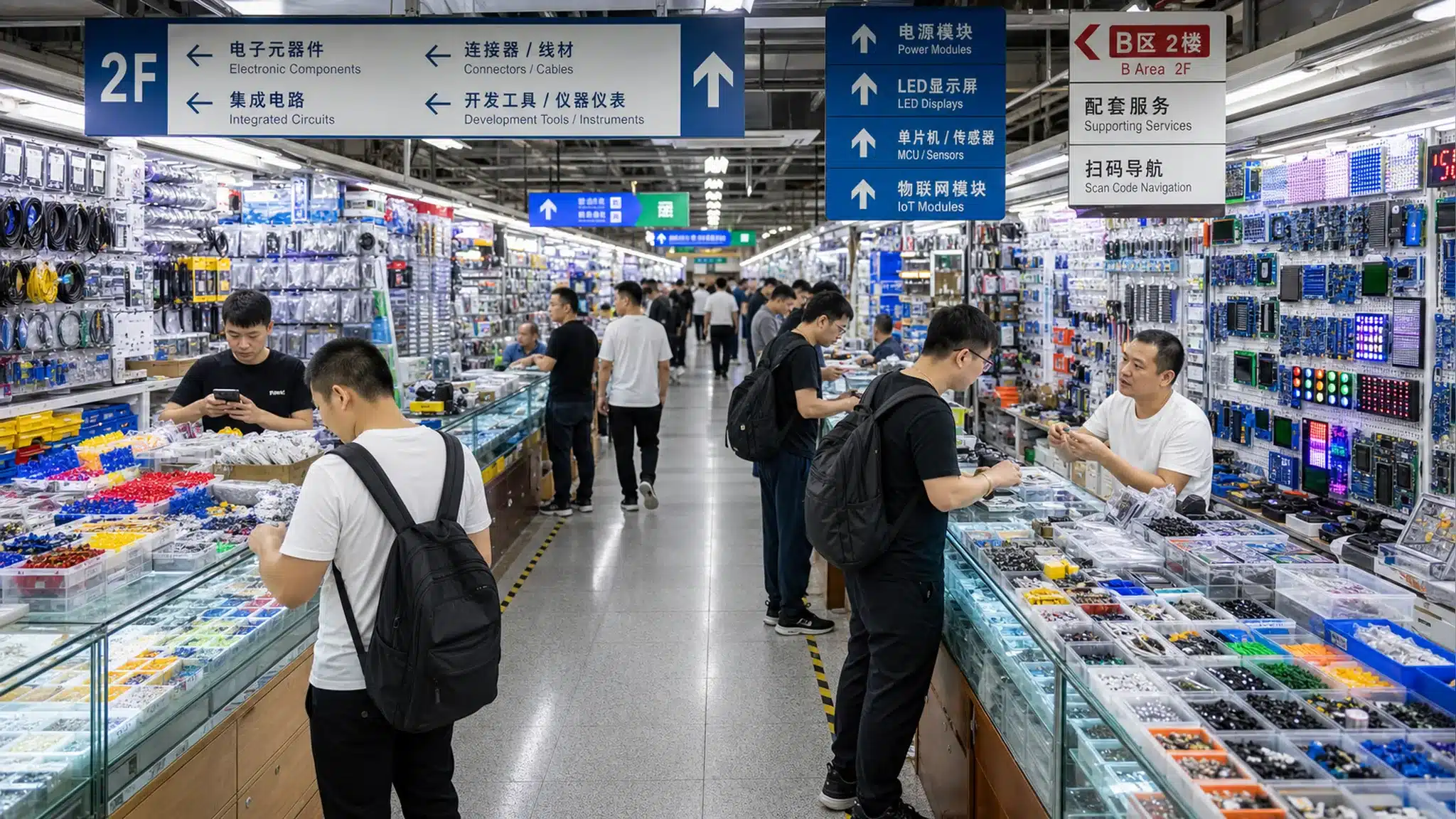 Shenzhen Huaqiangbei electronics wholesale market stalls packed with components, cables and gadgets
