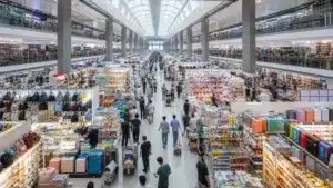 aerial view of a vast modern Chinese wholesale market trade city with buyers walking the aisles