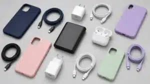 Assorted wholesale phone accessories from China: silicone cases, charging cables, wall chargers, power bank and wireless earbuds