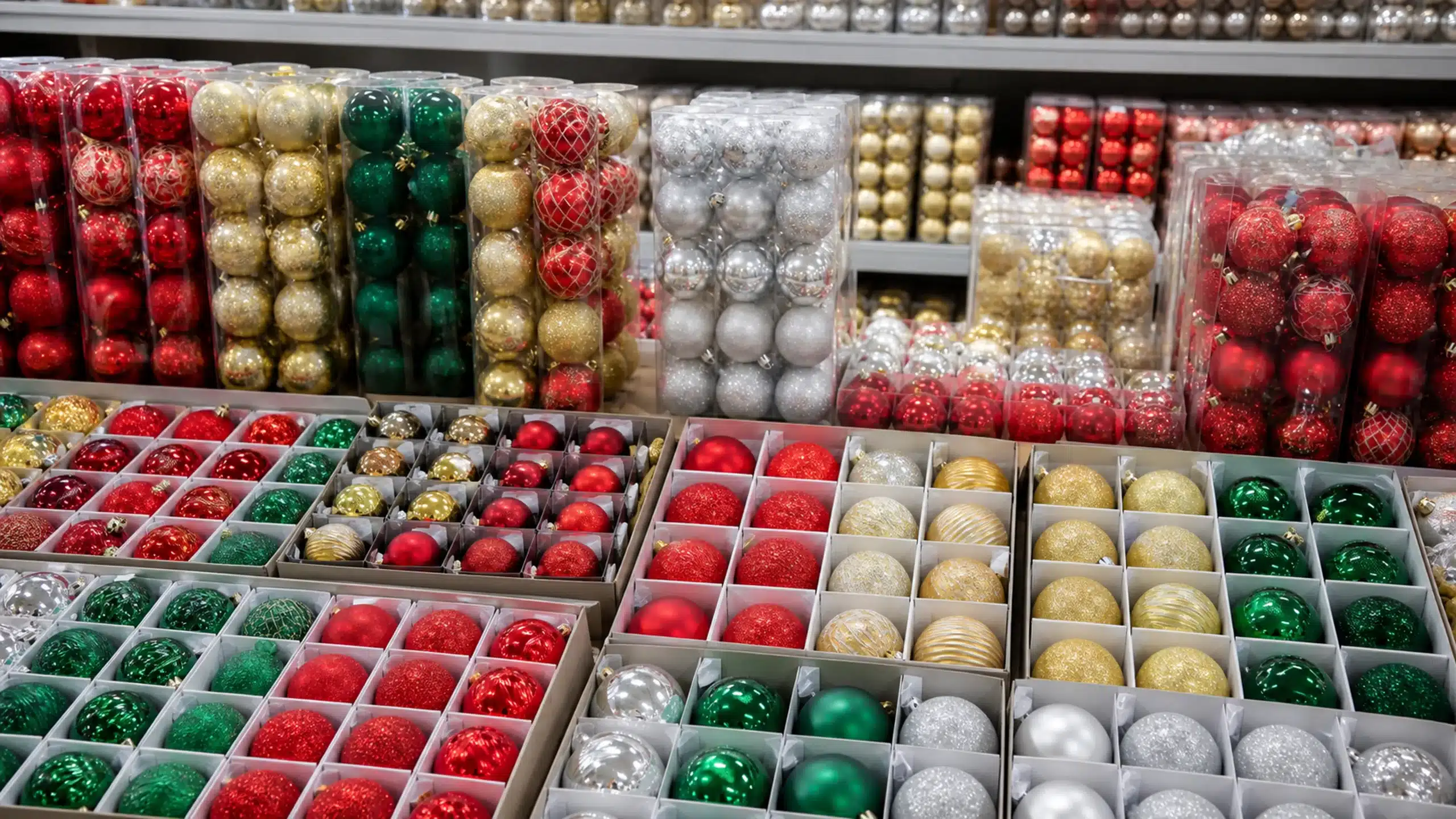Assorted glass and plastic Christmas baubles and ornaments in bulk wholesale packaging