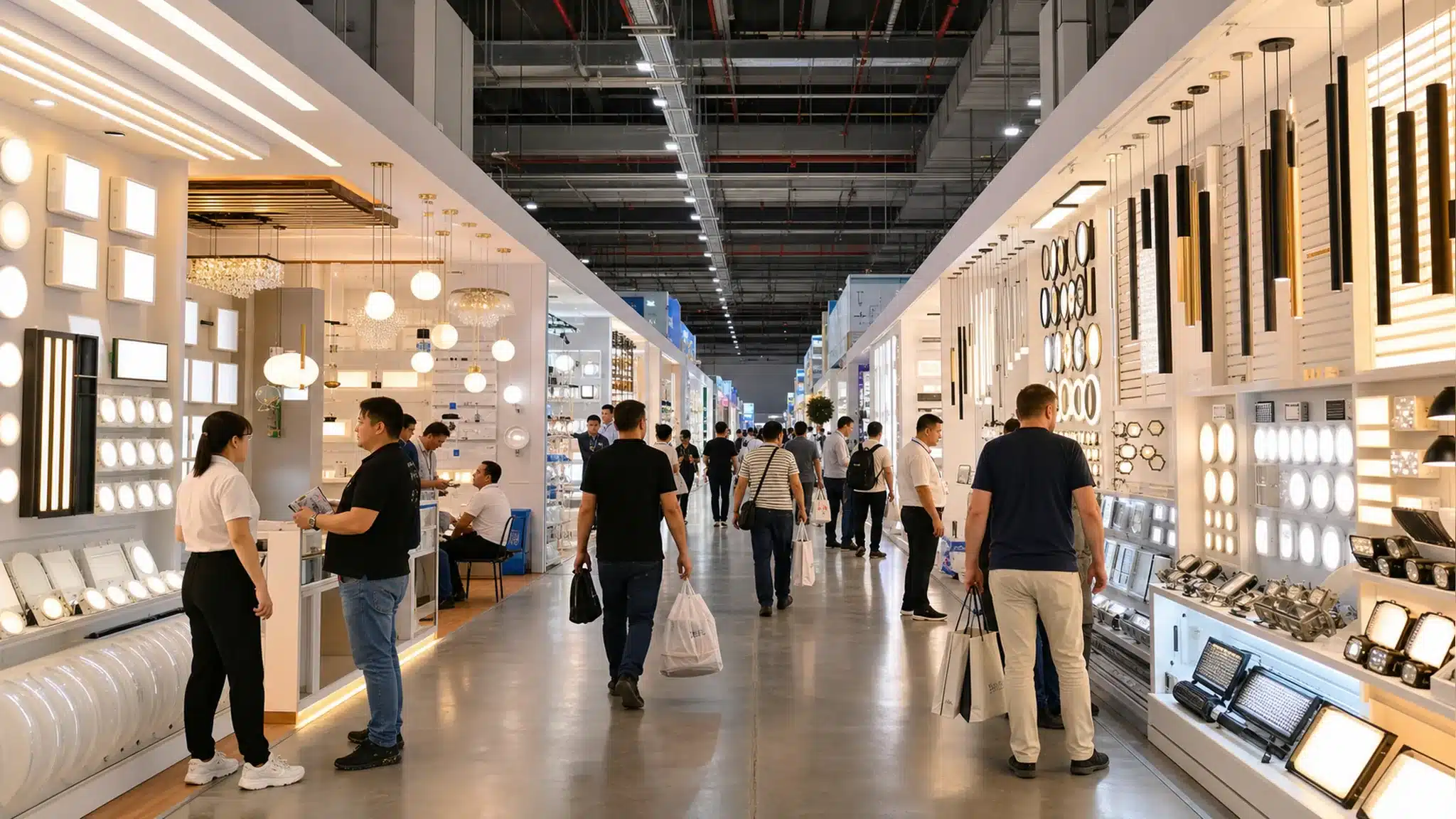 Aisle of a Chinese wholesale LED lighting market with illuminated strip, panel and fixture displays on both sides