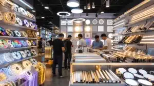 wholesale LED strip lights and lighting fixtures glowing on display shelves in a Chinese lighting market booth