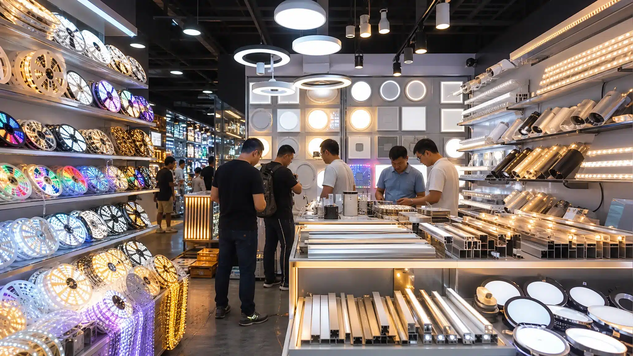 Wholesale LED strip lights, reels and lighting fixtures glowing on the shelves of a Chinese lighting market booth