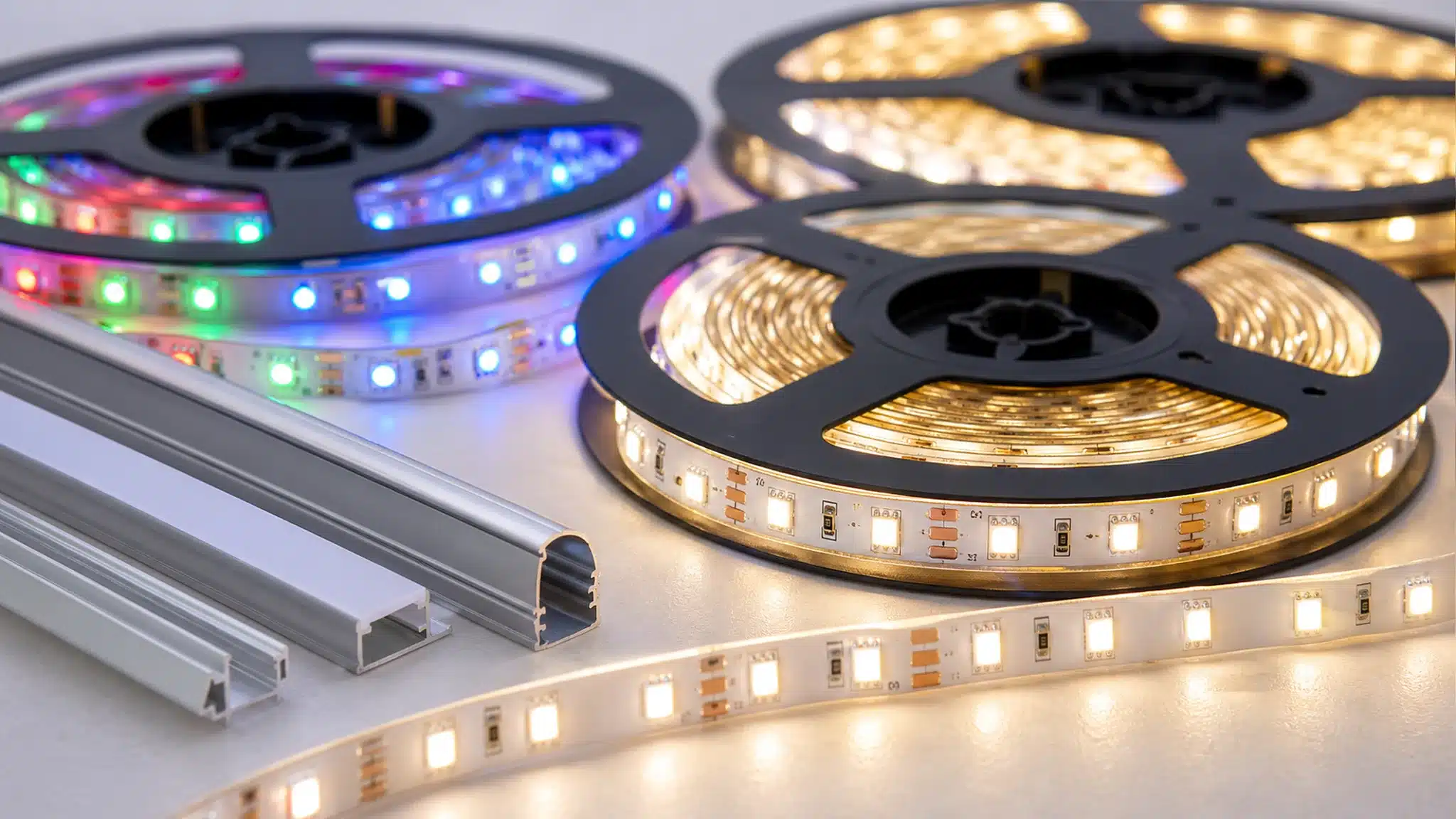 Close-up of LED strip light reels showing the flexible PCB and rows of surface-mount LED chips