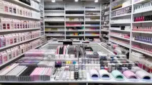 Wholesale nail supplies including gel polish, press-on nails and acrylic powder on display at a Chinese wholesale market