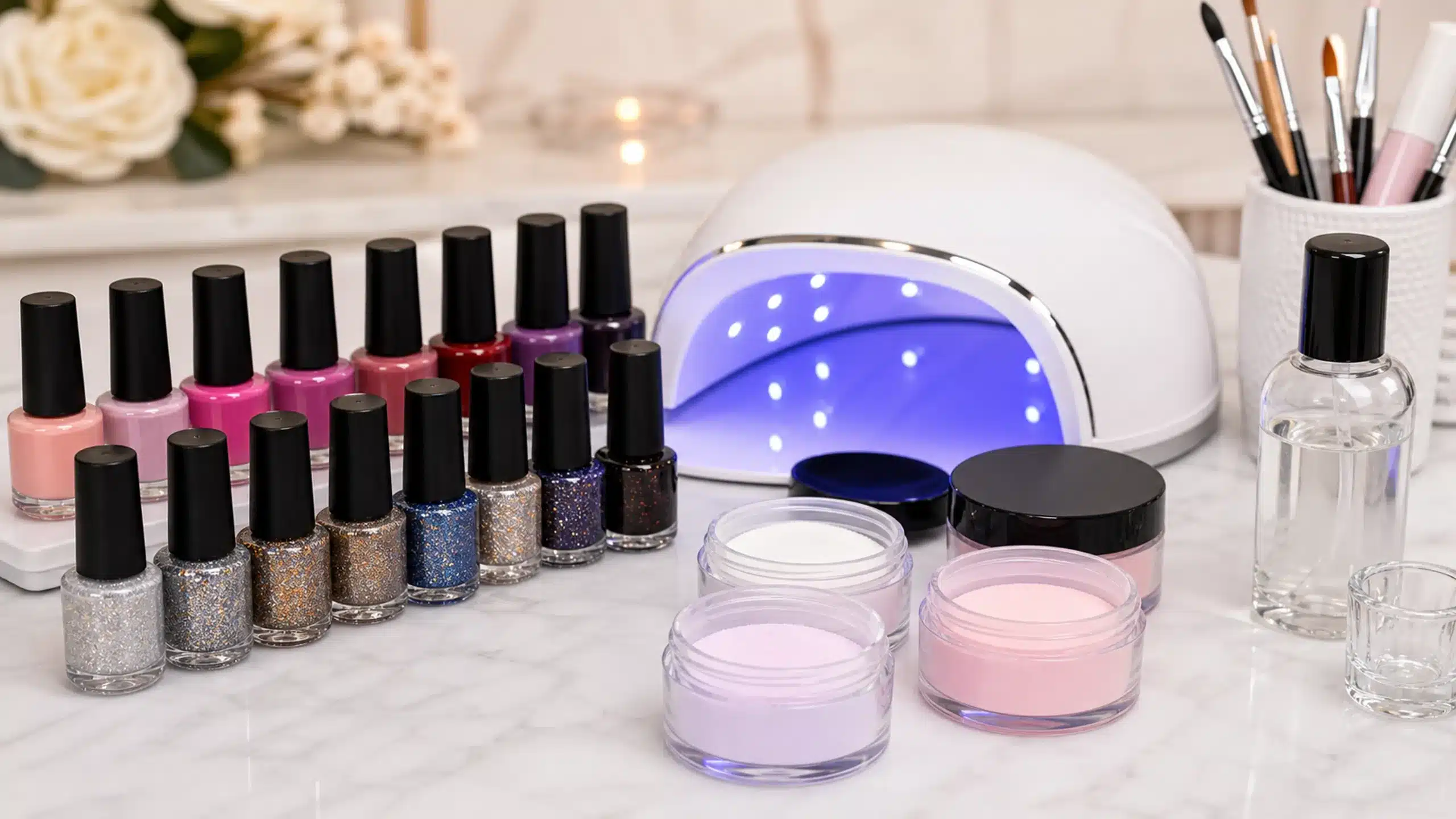 Rows of gel nail polish bottles beside a UV nail lamp and acrylic powder jars