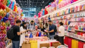 wholesale party supplies booth in a Chinese wholesale market packed with balloons, tableware and decorations