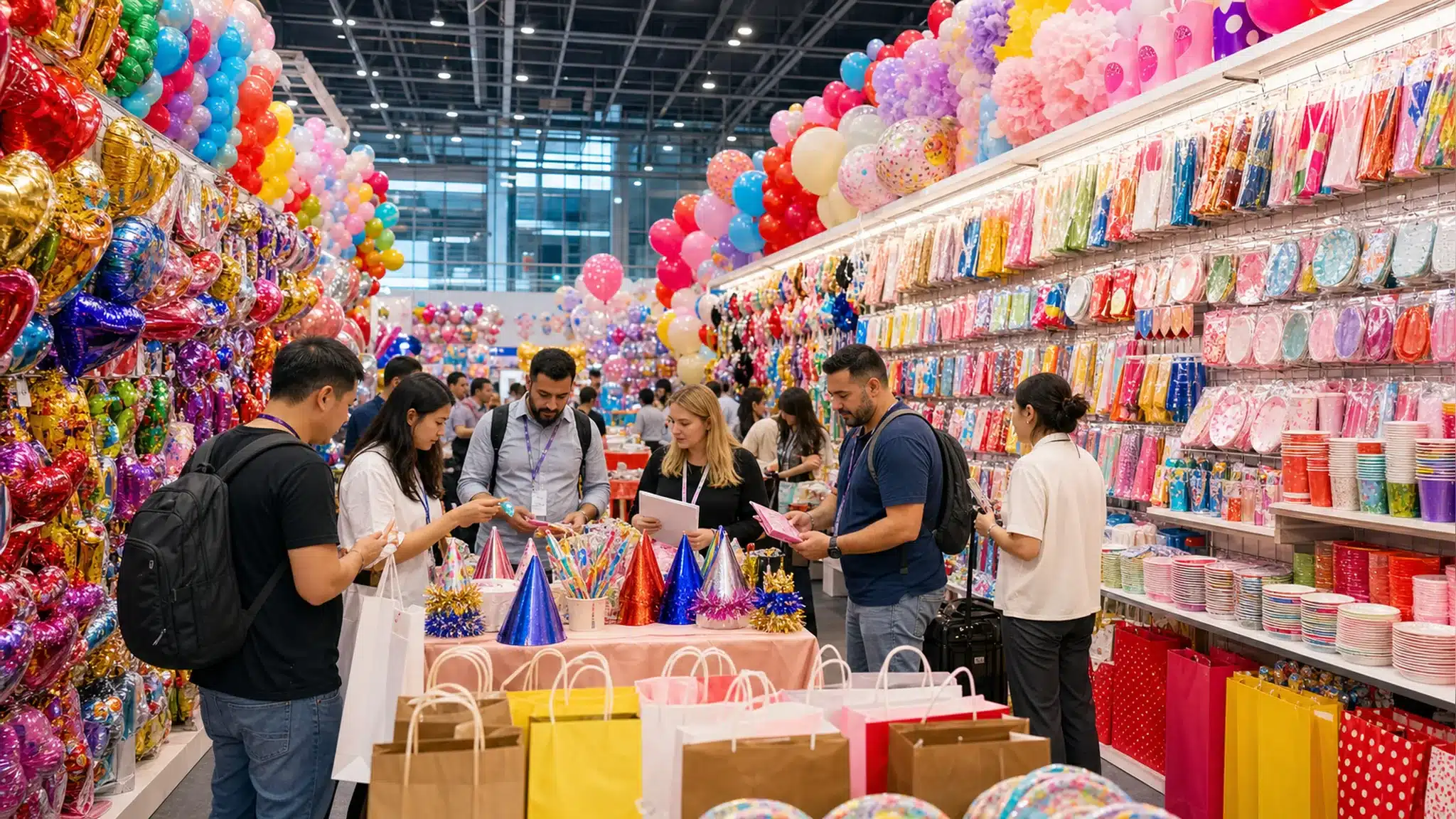 Wholesale party supplies booth in a Chinese wholesale market packed with balloons, tableware and decorations