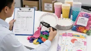 quality inspector checking wholesale party supplies balloons and printed paper plates against a checklist