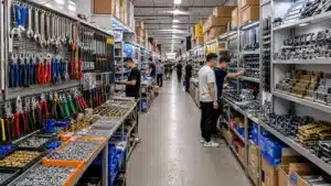Yiwu hardware and tools wholesale market aisle with booths of hand tools and hardware