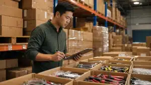 Yiwu sourcing agent checking cartons of hardware against a checklist in a warehouse