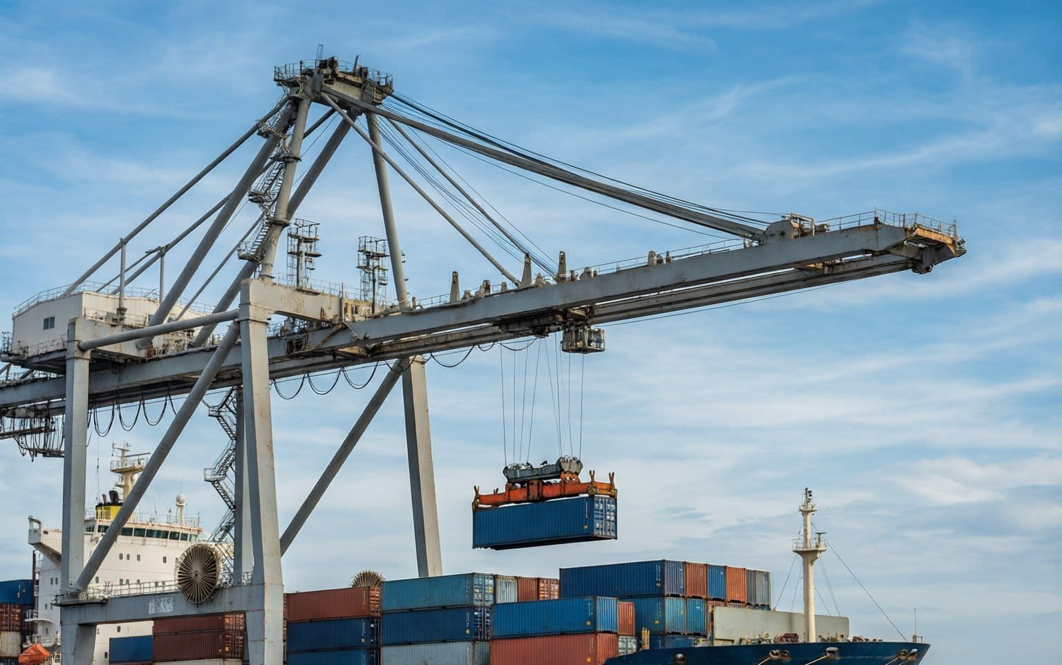 Quay crane loading an export container onto a cargo vessel at a Chinese port terminal