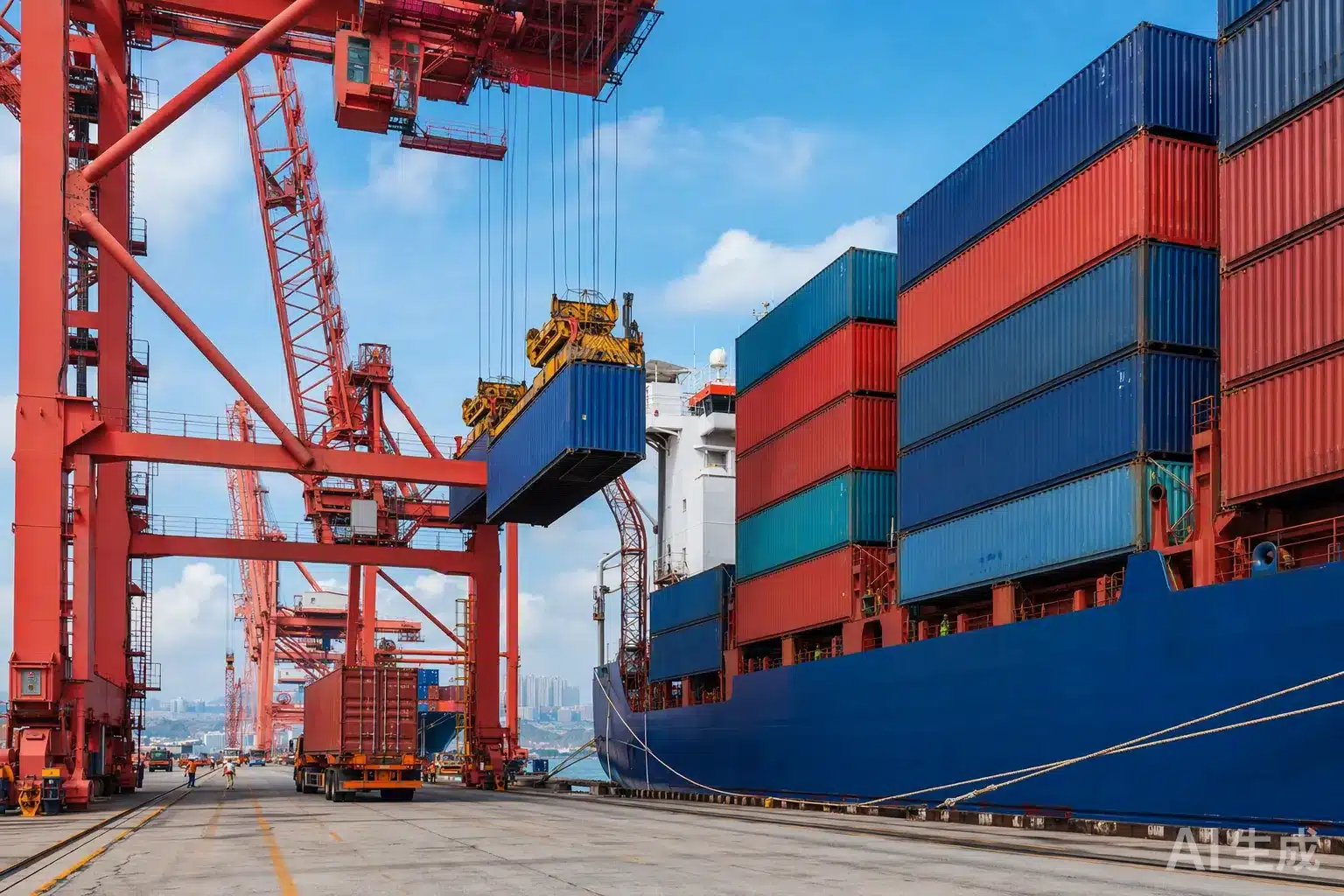 Shipping containers lifted by a gantry crane at a Chinese export port