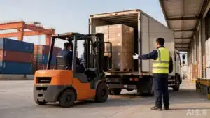 Forklift loading export pallets onto a truck at a China warehouse loading dock under FCA delivery