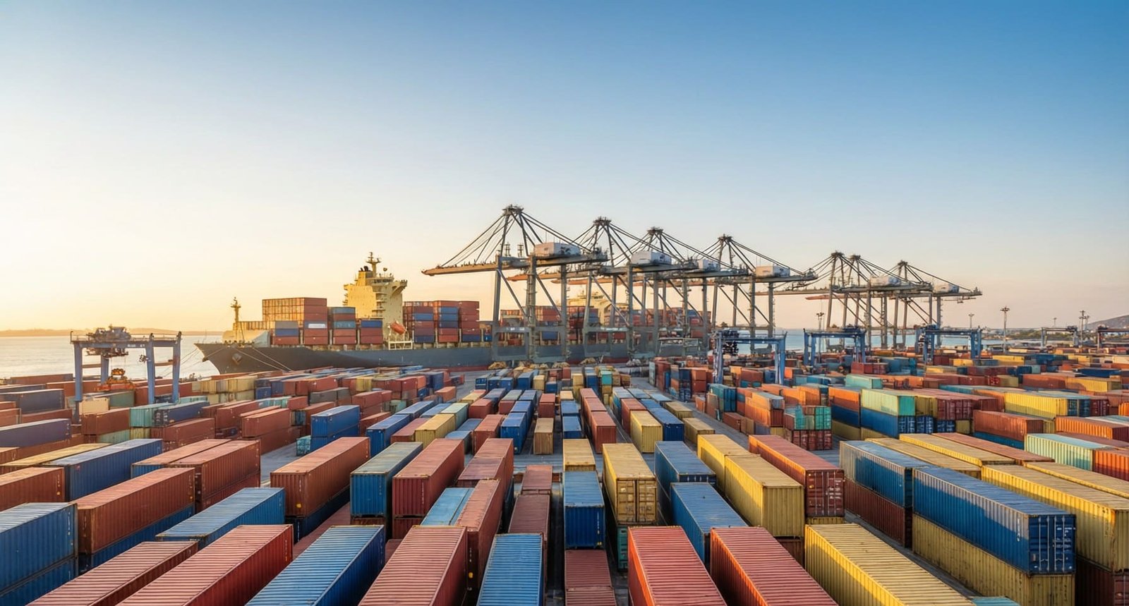 Container port at dusk where FCA cargo is handed over for export from China